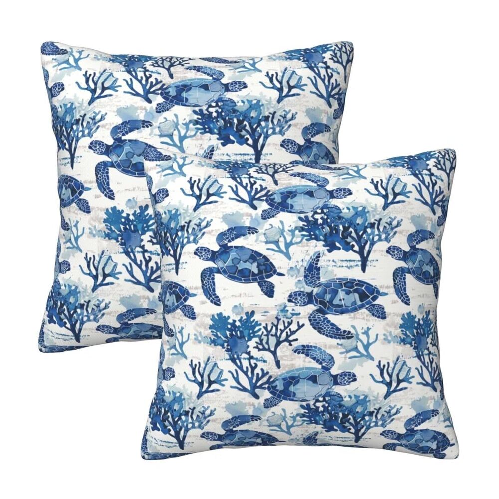 7061 Sea Turtle Throw Pillow Covers Set of 2 Boho Sea Grass Blue Throw